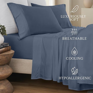 KARISSA MAE Cooling Bamboo Viscose Split King Sheet Set | 100% Organically Grown | 18¡± Deep Pocket | Silky Soft &amp Hypoallergenic | with Organizer Band &amp Elastic Corner Straps [Slate Blue]