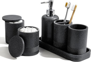 Bathroom Accessories Set 6-Piece Bathroom Accessory Set Toothbrush Holders Set Soap Dispenser Vanity Tray Tumbler Cotton Swab Jars Bathroom Organizer for Modern Bathrooms(Black)