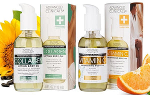 Advanced Clinicals Collagen Body Oil + Vitamin C Brightening Body Oil Moisturizer 2pc Skincare Set - Nourishing Brightening &amp Firming Massage Oil To Improve Look Of Crepe Skin + Dark Spots 2PC