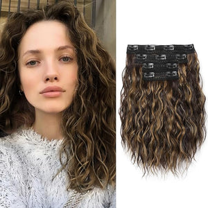 REECHO Clip in Hair Extensions - 4PCS 12 Short Curly Wavy Brown Hair Extensions with Invisible Lace Weft - Natural Soft Hairpieces for Women - Dark Brown with Highlights