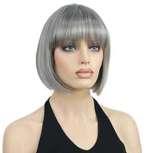 Lydell 8 Straight Short Bob Hair Flat Bangs Cute Central Dot Skin Top Heat Resistant Synthetic Wigs (48T Light Gray with Dark Root)