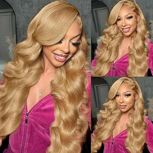 Honey Blonde Body Wave Lace Front Wig Human Hair 13x4 Colored #27 Human Hair Lace Front Wigs 22¡± Curly HD Transparent Lace Frontal Wigs Pre Plucked Bleached Knots 180% Density Glueless Human Hair Wig