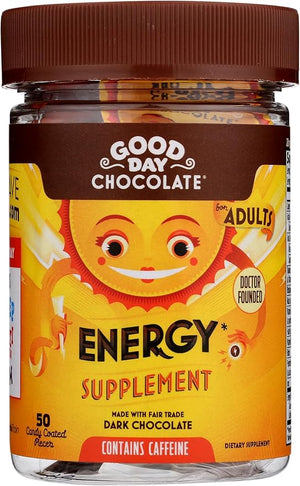 Good Day Chocolate Energy Supplements for Adults [50 Count] Fair Trade Caffeine Chocolate with B-Vitamins Green Tea Extracts and 20 mg Caffeine Per Piece - Energy Booster for Women and Men