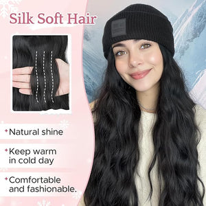 SEGO Beanie Wig for Women Hat with Hair Extentions Synthetic 18 Inch Wavy Hairpiece Winter Warm Knitted Hat with Hair Attached for Women Girls 04