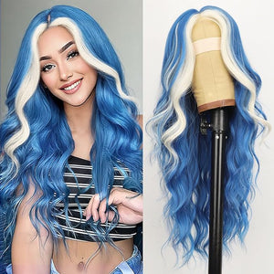 AISI HAIR Light Blue Platinum Blonde Highlight Wig for Women Long Wavy Lace Hairline Middle Part Synthetic Heat Resistant Wig for Daily Party-26 Inch