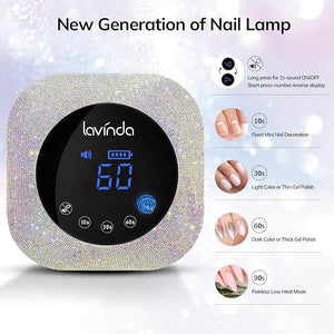 Lavinda UV LED Nail Lamp for Gel Nails Cordless Rechargeable Nail Light with 4 Timer Settings Touch LCD Display Removable Base 54W Professional Nail Dryer for Salon Home Use Diamond Design