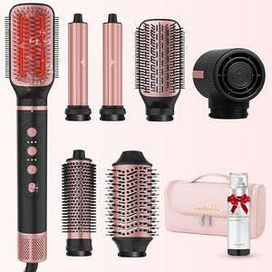 7 in 1 Professional Hair Styling Tool ? Hot Air Brush Set, Multi-Styler and Blow Dryer Brush Straightening and Curling, Ionic &amp; Infrared Tech, Cool Shot, 3 Heat &amp; Speed Settings, Includes Trav