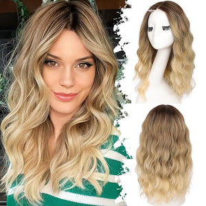 Ombre Blonde Short Wavy Wig for Women Lace Hairline Bob Style Synthetic Heat Resistant - Natural Appearance for Everyday Hairstyle Use 18 Inch