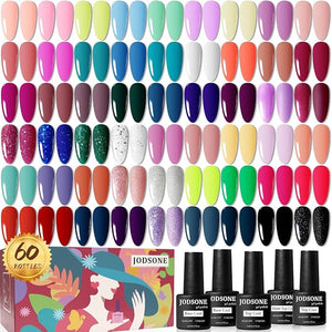 JODSONE 60 PCS Gel Nail Polish Starter Kit 55 Color Combination of Light and Dark Colors Emerald Green Klein Blue Soak off No Wipe Base Coat Matte and Glossy Top Coat Nail Gel Kit