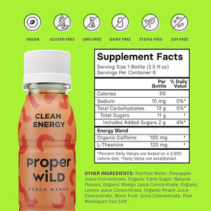 Proper Wild Vegan Energy Shots with L-Theanine and Organic Caffeine Clean Plant Based Energy Drink Gluten-Free GMO-Free Dairy-Free Stevia-Free Soy-Free Peach Mango 2.5 Fl Oz 6 Pack