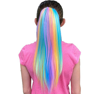 My Hair Popz Deluxe Synthetic Fiber Ponytail Hair Extensions | Heat and Tangle Resistant Colored Hair Extensions for Kids | Easy to Attach Ponytail for Child Friendly Use | Claw Clip | Pastel Rainbow