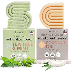 Kitsch Tea Tree Shampoo &amp Coconut Oil Conditioner Bar ? Shampoo and Conditioner Set - Clarifying Bar Soap for Greasy Hair &amp Deep Moisturizing - Paraben Silicone &amp Sulfate Free - Made in U