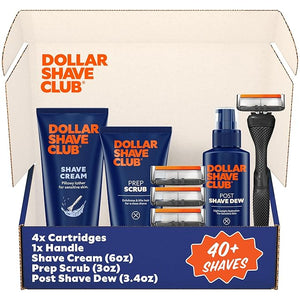 Dollar Shave Club | Ultimate Shave Set | 4 Extra Close Refill Cartridges 1 Handle 1 Prep Scrub 3 ounce 1 Shave Cream 6 ounce 1 Post Shave Dew 3.4 ounce