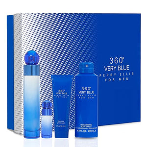 Perry Ellis 360 Very Blue 4 Pieces Gift Set for Men (3.4 Ounce Eau de Toilette Spray + 6.8 Ounce Body Spray + 3.0 Ounce Shower Gel + 0.25 Ounce Eau de Toilette Spray)