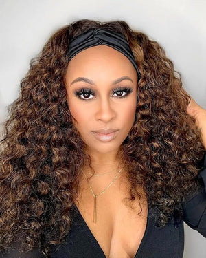 Chocolate Brown Headband Wig Human Hair for Women #4 Deep Wave Headband Wig Glueless Curly Human Hair Wig 24 Inch