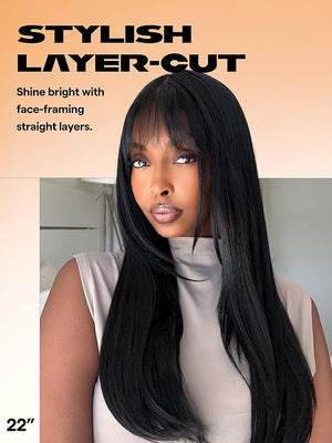 GORGIUS Glueless Black Wig with Bangs Long Straight Layered Wig Put On &amp; Go Curtain Bangs Wig Pre Bleached Lace Bang Wig with Realistic True Scalp Upgraded with Premium Synthetic Fiber