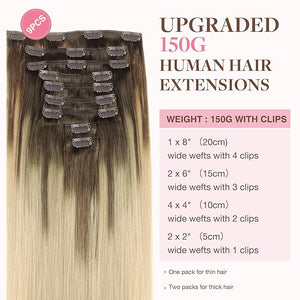 GOO GOO Clip in Hair Extensions Real Human Hair Remy Human Hair Extensions Clip ins for Women Natural Human Hair 18inch 150g 9Pcs 4/18 Balayage Chocolate Brown Highlighted Dirty Blonde