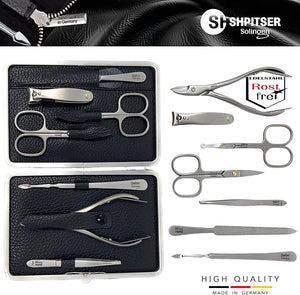 SHPITSER Professional 7pc TopInox Surgical Stainless Steel Tools Manicure Pedicure Set in Genuine Durable Leather Case Handmade in Solingen Germany for Nail and Cuticle and Nose Care