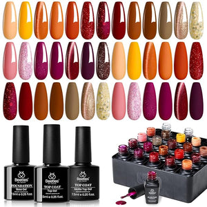 Beetles Fall Gel Nail Polish Set ? Autumn Aura 20 Colors Gel Polish Kit, Burgundy Red Brown Yellow Orange Purple Cat Eye &amp; Glitter Soak Off UV LED Manicure with Base Glossy Matte Top Coat