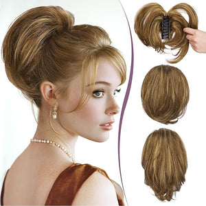 RUWISS Claw Clip Short Human Hair Ponytail Extension with Bendable Metals for DIY Styles Straight Messy Bun Hair Piece for Women Thick Hairpieces for Daily Wear 9 Inch Brown with Blonde Highlight