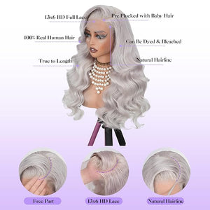 Grey Wig Human Hair 250 Density 32 Inch 13x6 Body Wave Colored Lace Front Wig Human Hair Pre Plucked, 100% Real Human Hair No Synthetic Blend Tangle Free Shedding Free Triple Lifespan 3X