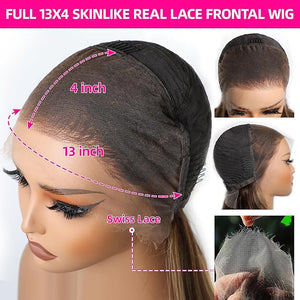 Lemoda 13x4 SKINLIKE Real HD Lace Frontal Wig 180 Density Highlight Ombre Lace Front Wig Human Hair Body Wave 0.10mm Ultra-thin Invisible Swiss HD Lace 15A Honey Blonde Wig 4/27 Color 36 Inch