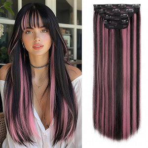 Vigorous Clip in Hair Extensions Straight 4Pcs Black Mix Purple Highlights Hair Extension 22 Inch Soft Full Head Weddings Party Daily Use for Women
