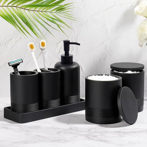 Bathroom Accessories Set 6-Piece Bathroom Accessory Set Toothbrush Holders Set Soap Dispenser Vanity Tray Tumbler Cotton Swab Jars Bathroom Organizer for Modern Bathrooms(Matte Black)