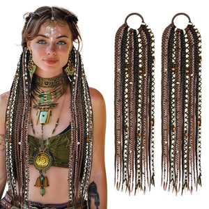 SEIKEA 2PCS Boho Braided Ponytail Extension with Hair Tie 24 Long Viking Dreadlock Beads Ponytail Hand-braided Braids Hair Extensions Lightweight Natural Synthetic Hairpiece for Festival Cosplay