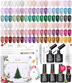 Beetles Frostglaze Veil Jelly Gel Nail Polish Set, 53PCS 36 Colors Christmas Gel Nail Kit Nude Pink Milky White Red Black Blue Green Silver Cat Eye Base Glitter Glossy Matte Top Coat Gift for Women