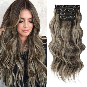 Vigorous Clip in Hair Extensions 20 Inch Walnut Brown Mixed Blonde Double Weft Hair Extension 4Pcs Natural Thick Long Wavy Synthetic Hairpieces for Women