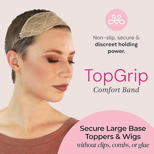 MILANO COLLECTION Glueless Top Grip for Hair Topper &amp Wiglets Adjustable Translucent Strap with Side Openings Top Headband for Your Wig or Topper Includes Clips Beige Large