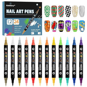 24 Color 3D Nail Art Polish Pens Set, Kalolary Nail Art Markers Point Graffiti Dotting Pen Drawing Painting Liner Double Headed Acrylic Paint for DIY Nail Art