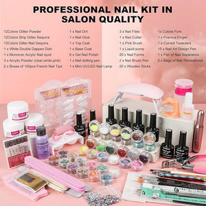 Professional Acrylic Nail Kit with UV Light Gel Polish Drill Art Tips &amp Decoration - DIY Nail Art Tool &amp Supplies