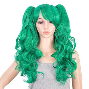 SWACC Long Curly Double Claw Clip on Ponytail Wig Synthetic Pastel Colorful Cosplay Daily Party Wig for Women with Wig Cap (Green)