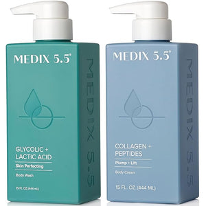 Medix 5.5 Exfoliating AHA Glycolic Acid Face &amp Body Wash Cleanser + Collagen Moisturizing Body Cream Lotion Skin Care 2PC Set | Alpha Hydroxy Acid &amp Lactic Acid Foaming Body Wash &amp Face Wa
