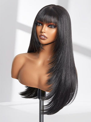 GORGIUS Glueless Black Wig with Bangs Long Straight Layered Wig Put On &amp Go Curtain Bangs Wig Pre Bleached Lace Bang Wig with Realistic True Scalp Upgraded with Premium Synthetic Fiber