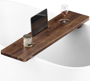 Tinamo 35¡±L Wooden Bathtub Tray Bathtub Caddy Tray For Tub with Tablet Slot &amp Wine Holder - Acacia Bath Tray For Tub Bath Table - Bathtub Tray Table with Adjustable Legs (Walnut color 35x 9x2