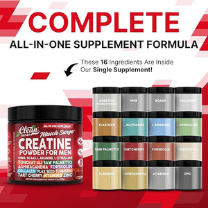 Clean Nutra Creatine Powder for Men + HMB BCAA L Arginine L Citrulline Tongkat Ali Saw Palmetto Ashwagandha Collagen Flax Seed Turmeric Preworkout Stevia Nitric Oxide L Glutamine Amino Acids