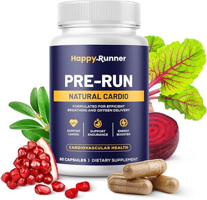Happy Runner: Pre-Run - Enhances Breathing Improved Oxygen Delivery Respiratory Efficiency Boosts Endurance Nitric Oxide Booster Improved Blood Flow Running Supplements Cardiovascular Health