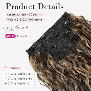 REECHO Clip in Hair Extensions - 4PCS 12" Short Curly Wavy Brown with Highlights