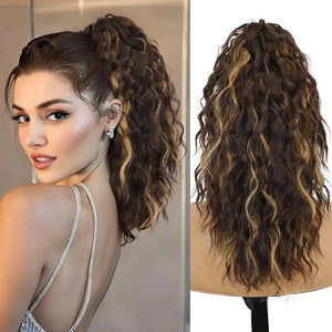 ORSUNCER Claw Clip Ponytail Extension Wavy Pony Tails Hair Extensions Layered Fluffy Clip on ponytails for Women Synthetic Hairpieces Chocolate Brown with Caramel Blonde
