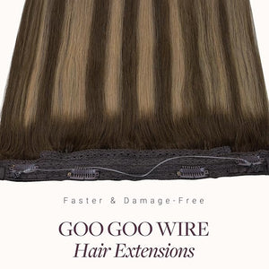 GOO GOO Wire Hair Extensions Human Hair 4/27/4 Chocolate Brown with Caramel Blonde Balayage 20inch 110g Invisible Wire Hair Extensions with Transparent Seamless Fish Line Hairpiece