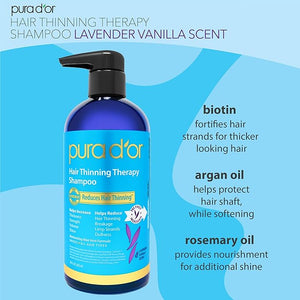 PURA D'OR 16 Oz Hair Thinning Therapy Biotin Shampoo - LAVENDER VANILLA Scent - CLINICALLY TESTED Effective Results Herbal Blend Hair Thickening Products Women &amp Men Color Safe Routine Shampoo
