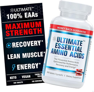 Ultimate 100% Essential Amino Acid Supplement for Cutting Fasting &amp Workouts - All 9 EAAs 40% Leucine ? Ideal BCAA Ratio for Energy Muscle &amp Recovery - 300 Easy-to-Swallow Keto &amp Vegeta