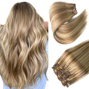 Hair Extensions Real Human Hair Clip ins Remy Human Hair Clip in Extensions 7 Pieces 70G Golden Blonde to Light Blonde Highlights Double Wefts Clip in Hair Extensions for Fine Hair Women 16 Inch