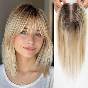 starluck Human Hair Toppers for Women Real Human Hair With Bangs,SilkHug Hand-woven Free Part 4"*4.8" Base Cover Gray Roots,Breathable,£¨Ombre Blonde£©