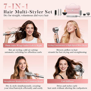Easywave 7 in 1 Hair Dryer Brush: 110,000 RPM High-Speed Blow Dryer with Negative Ions for Frizz-Free Styling Fast Drying Auto Curling Volumizing Straightening, Hot Air Brush with Travel Bag