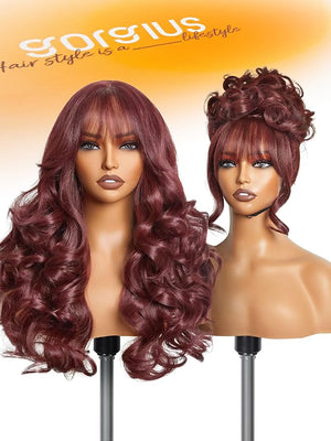 GORGIUS Burgundy Wig with Bangs Loose Wave Glueless Bang Wig Pre Bleached True Scalp Long Wavy Fringe Bangs Wig Upgraded with Style-Archive Premium Fiber
