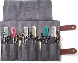 Salon Scissors Bag Roll Up 12 Pockets Genuine Leather Stylist Grooming Scissors Holder Barber Hair Scissor Shears Cases for Hairdressers (HJ-ZP011-Grey)